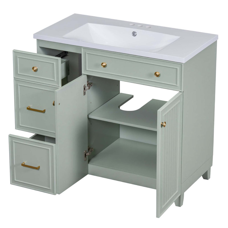 Meuble-lavabo simple transitionnel avec lavabo, 2 tiroirs et 2 portes à fermeture douce, Vert