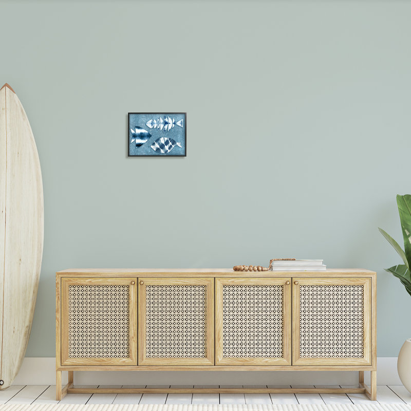 " Abstract Fish Silhouette Shapes Blue Tie Dye Pattern " by Ziwei Li, Midnight Black Framed Giclee, 11" H x 14" W x 1.5" D