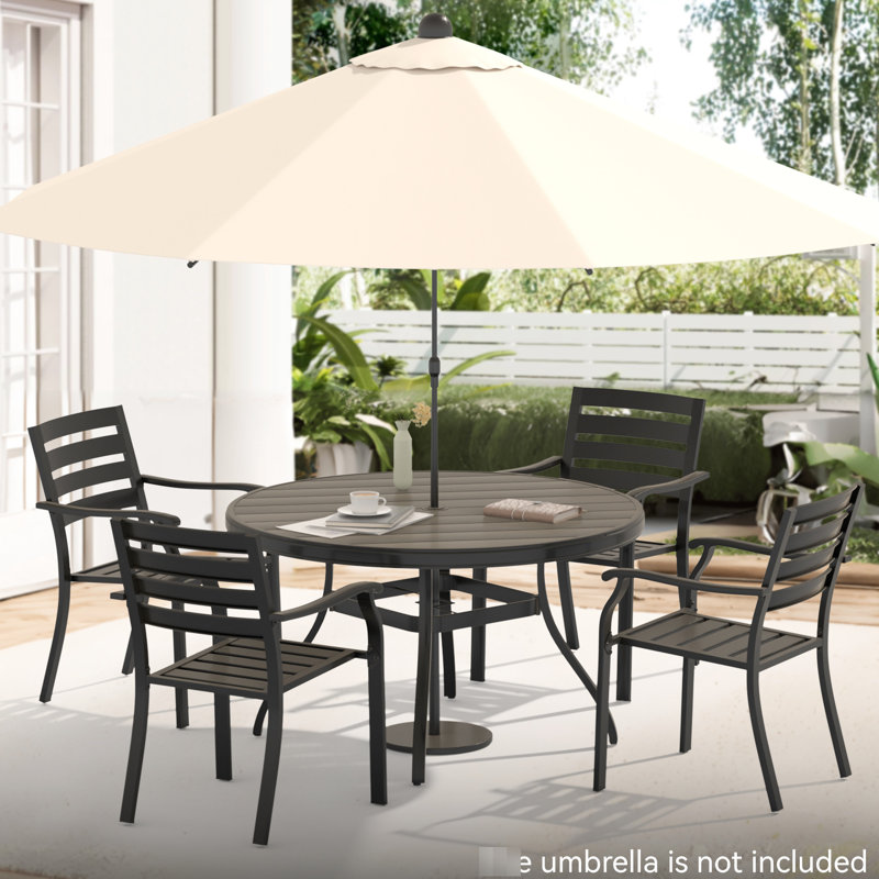 Outdoor 5 Pieces Dining Comprising 4 Stackable Metal Chairs And 40.6" Round Table, Adjustable Umbrella, Easy To Clean With Black Tabletop, Structure