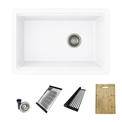 Évier de cuisine encastré ou encastré 28 po x 18 po en composite de granite blanc avec accessoires encastrés