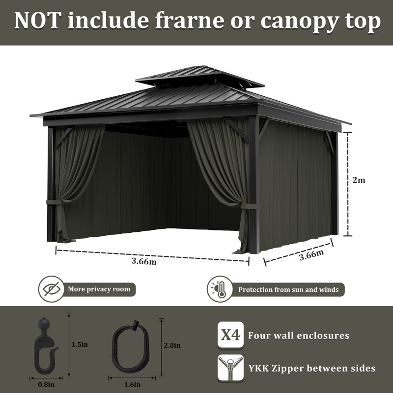 Rideaux à 4 panneaux latéraux pour pavillon de jardin, seulement rideaux, H 78,74 po x l 144 po x P 144 po, Gris