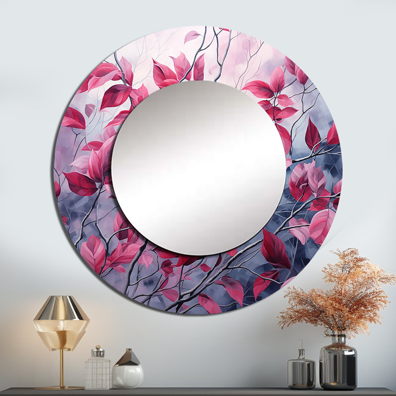 Sadea Leaves Charm In Moody Overcast III - miroir mural décoratif à feuilles, miroir rond rouge, impression sur métal