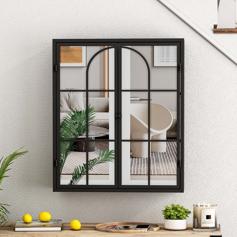23.62" Vintage 2 Door Wall Cabinet With Mirror, 3-Level Entrance Storage Space, Black