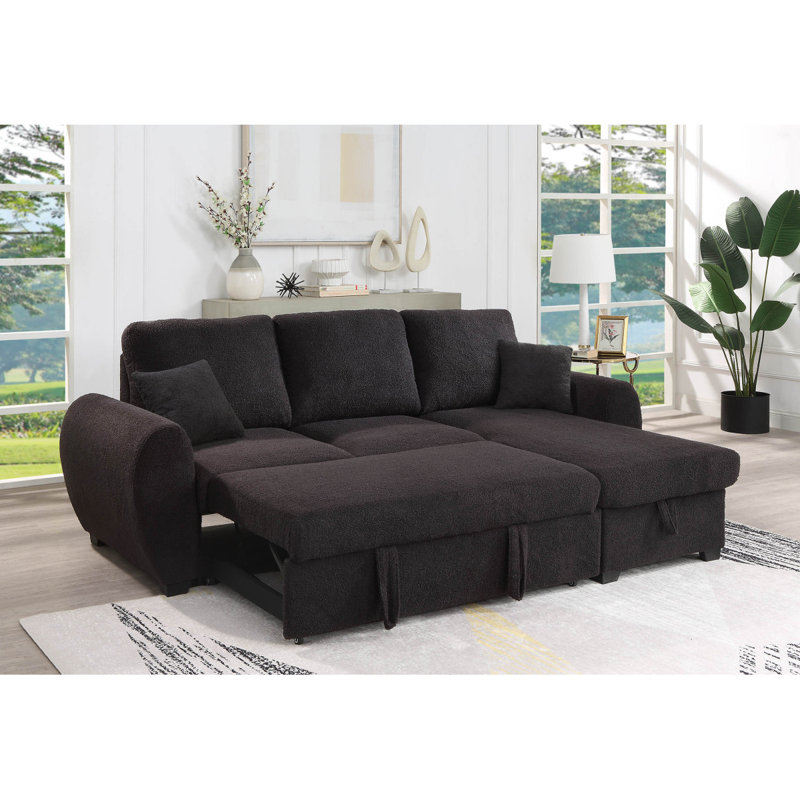Veronica 95" Black Teddy Fleece Reversible Sleeper Sectional Sofa With Storage Chaise