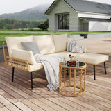 Patio Furniture Set Conversation Rattan Set With L-Shaped Lounge Seat With Soft Pillow Cushion