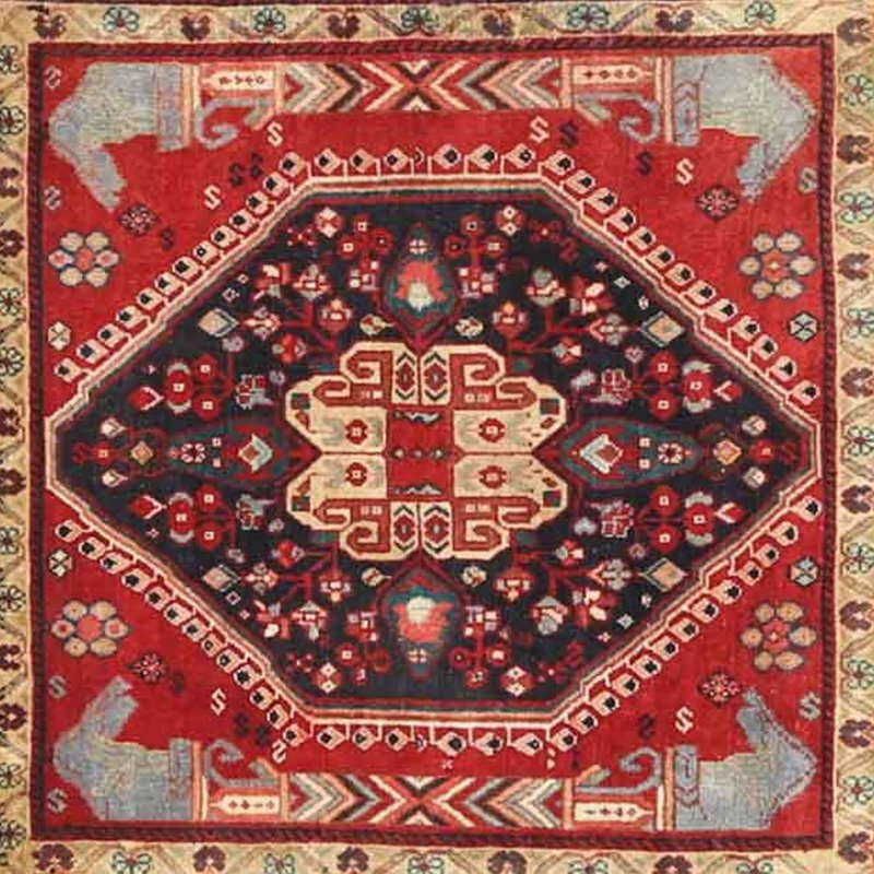 Tapis traditionnel rouge / noir, Carré 5 pi