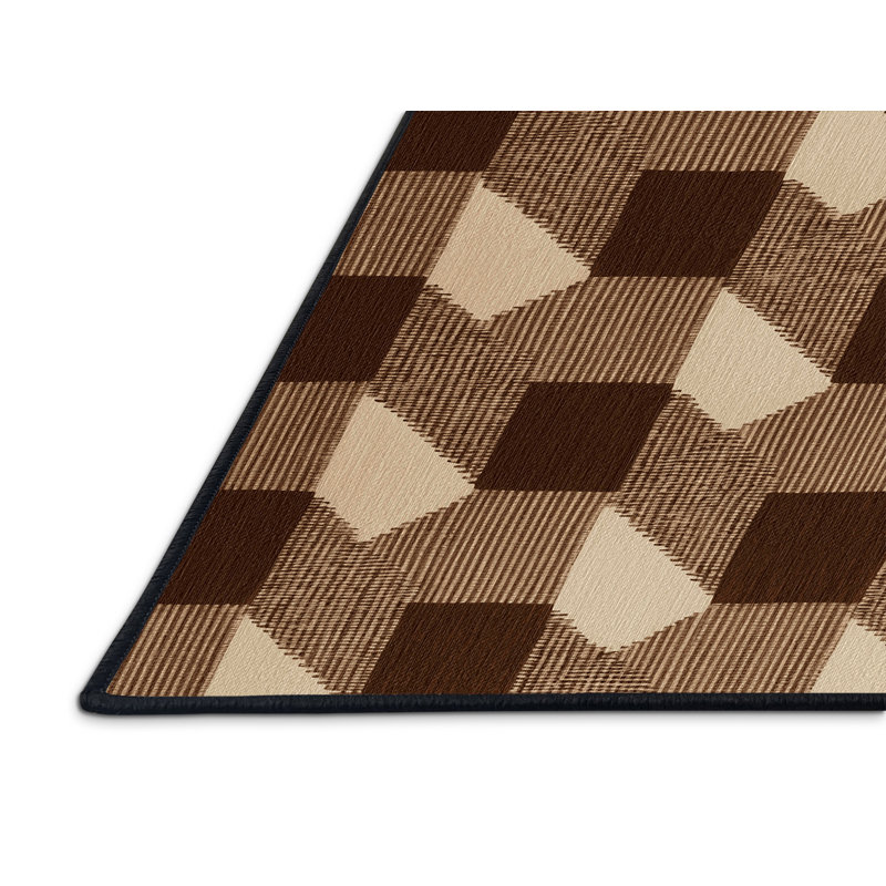 Machine Washable Checkered Brown Area Rug, Rectangle 3' x 5'