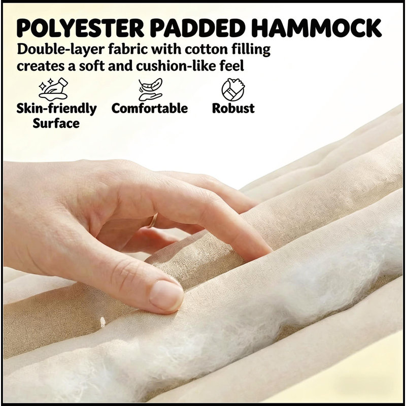 Hamac double matelassé avec barres d'écartement anti-basculement et coussin amovible, Cream White/Natural Wood