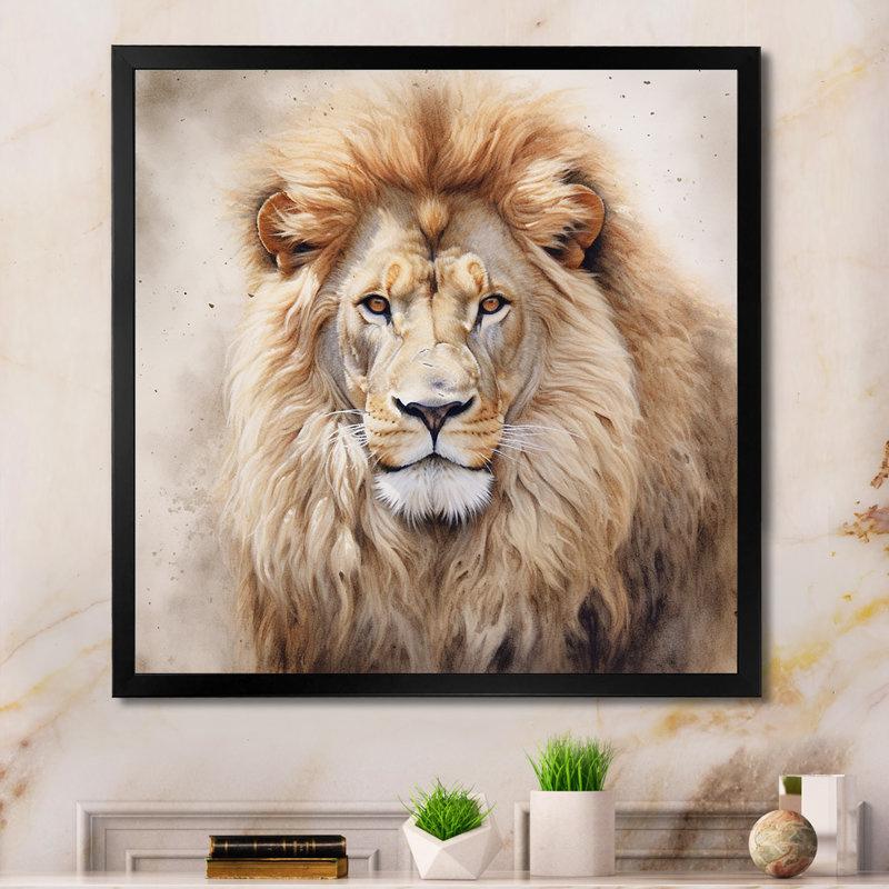 Fierce Lion II - Lion, art mural, H 30 po x l 30 po x P 1 po, Cadre simple noir