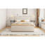 Grand lit plateforme tapissier avec lumières de lecture, tiroirs, gigogne et tablettes, beige-436184344