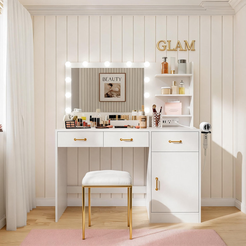 Coiffeuse avec miroir lumineux et station de recharge, table de maquillage de 99 cm (39 pouces) avec 3 tiroirs, rangement et support pour sèche-cheveux, blanche, tabouret non inclus