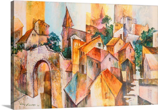 «Village méditerranéen» par Aniesa, reproduction d'art, H 8 po x l 12 po x P 1,5 po, Toile