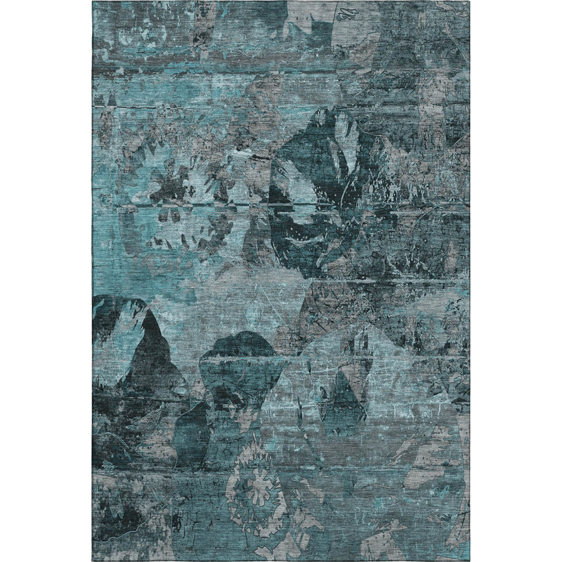 Premium Machine Washable Cerrito AMF555 Teal Rug, Rectangle 2'6" x 3'10"