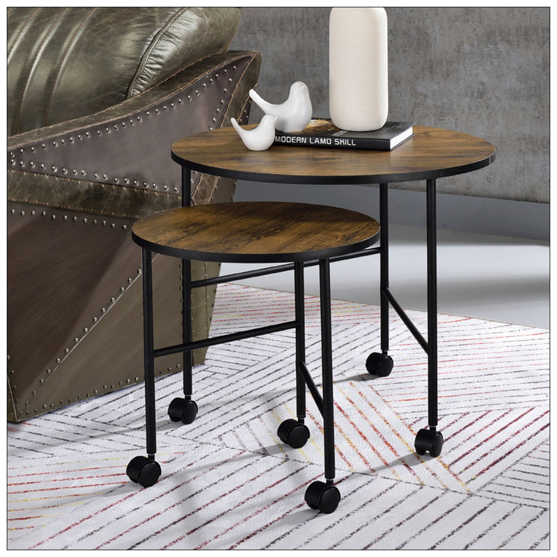 Ensemble de 2 tables gigognes avec roulettes, chêne rétro