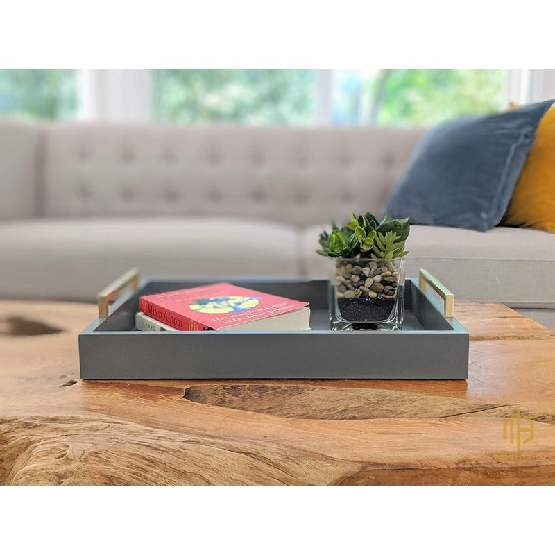 Plateau décoratif pour table basse - plateau repose-pieds - plateau pour déjeuner, boissons et boissons alcoolisées - de style campagnard à moderne - finition mate - poignées champagne or brossé - gris anthracite