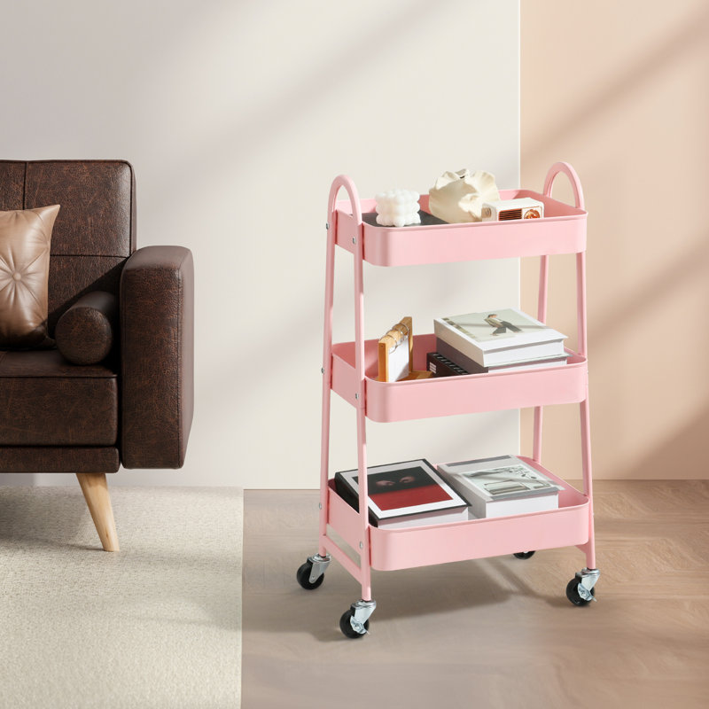 Chariot utilitaire roulant à 3 niveaux avec roues verrouillables, rangement en métal, Rose