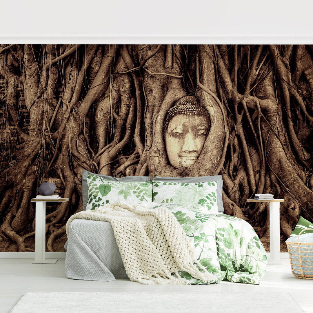 Buddha in Ayutthaya Surrounded by Tree Roots 1.9m x 2.88m Textured Matte Peel & Stick Wall Mural