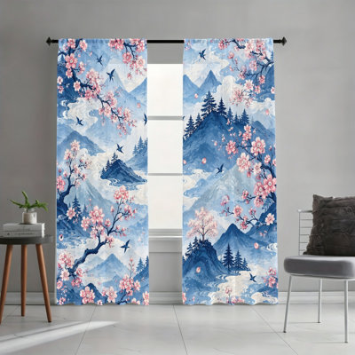 2PCS Scenic Japanese Mountain Cherry Blossom Light Filtering Rod Pocket Curtains, Oriental Spring Floral Landscape Print Window Drapes, Easy Install Rod Pocket, All Season Home Decor for Living Room, Bedroom, Study, Peaceful Nature Window Coverings