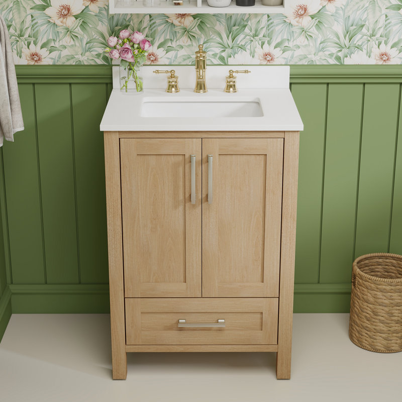24-inch Single-sink Bathroom Vanity – Bombay White Engineered Stone Countertop, Integrated Backsplash & Ceramic Basin, Beige
