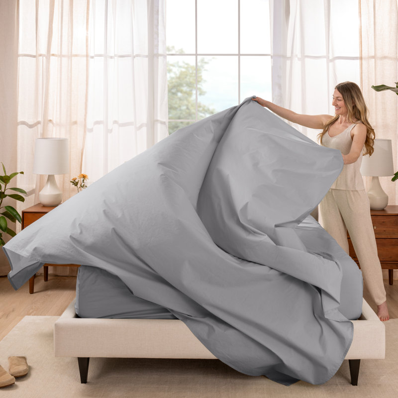 Ensemble de draps 100% coton percale, Gris clair, Ensemble de draps double / double avec 2 taies d'o