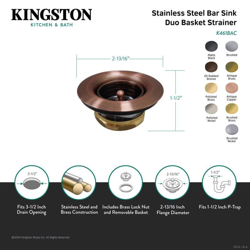 Crépine à panier en acier inoxydable avec écrou en laiton Kingston, Cuivre antique