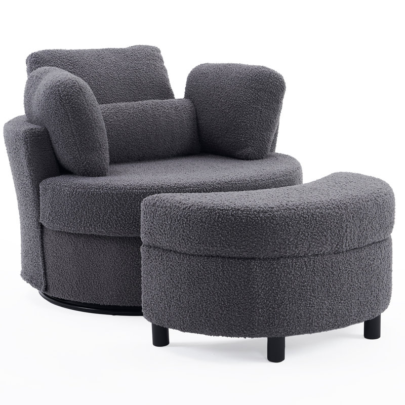 Swivel Armchair with Footstool, Grey Teddy