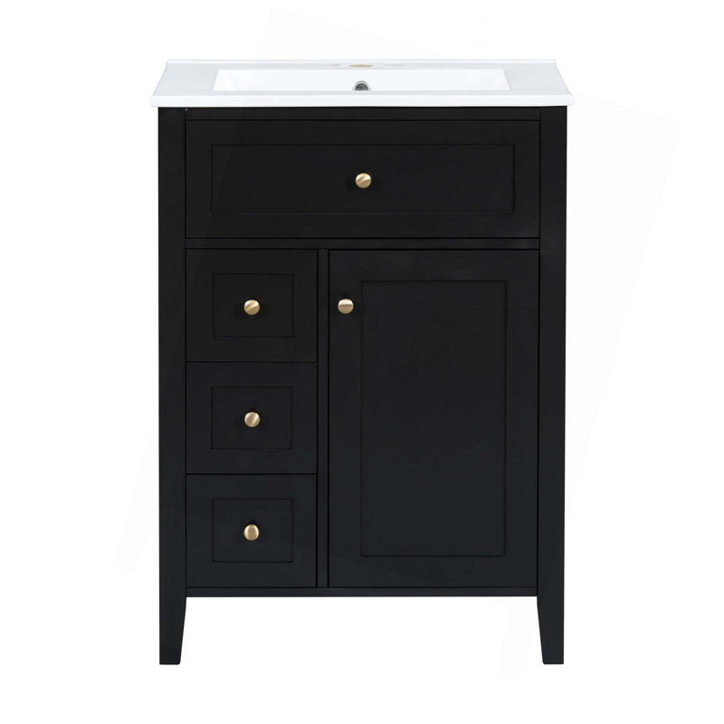 Meuble-lavabo de 24 po avec lavabo, panneau de fibres à densité moyenne et bois d'hévéa, 3 tiroirs et armoire avec tablettes réglables, conception moderne pour les petites et moyennes salles de bain