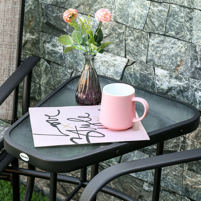 Fauteuils coulissants de jardin brun avec table pratique - 2 balançoires avec chaise berçante, sangle aérée, pour patio et café dans la cour arrière, tissu respirant, acier, finition