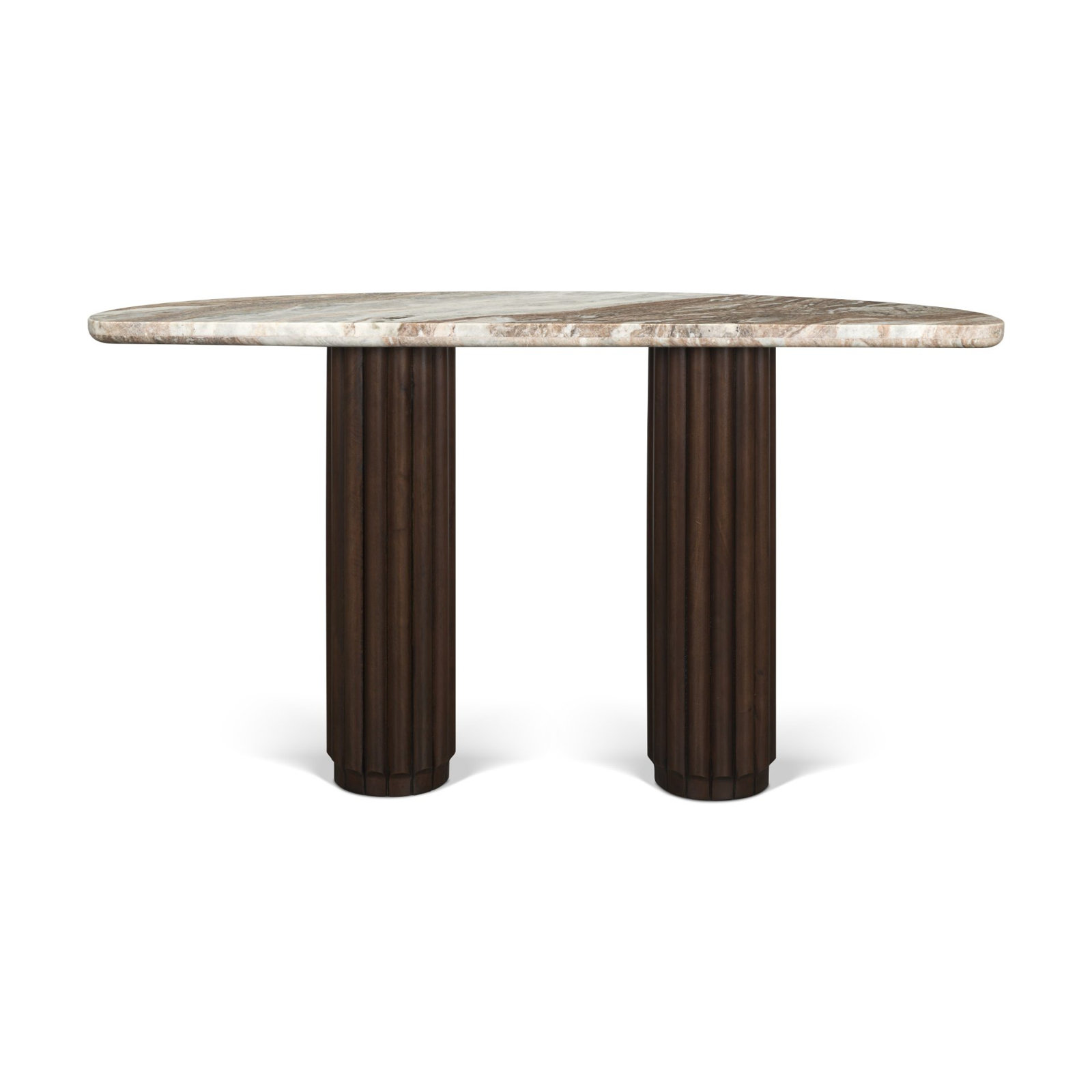 Marbrello Pink Marble Top Dark Brown Fluted Wood Half Moon Console Table