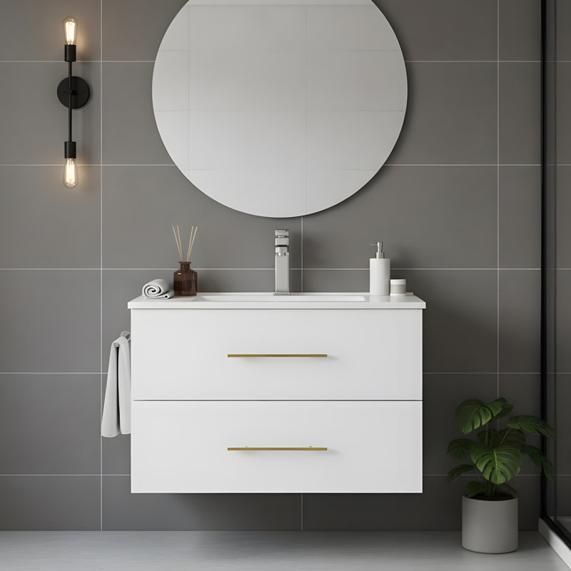 Wall-mounted bathroom vanity with two drawers, 30", Glossy White