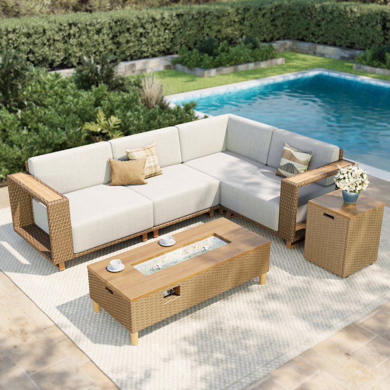 4- Person Outdoor Wicker Patio Conversation Furniture Set With Fire Pit Table, 3 Pcs: 2 Tables, 4-Person Sectional