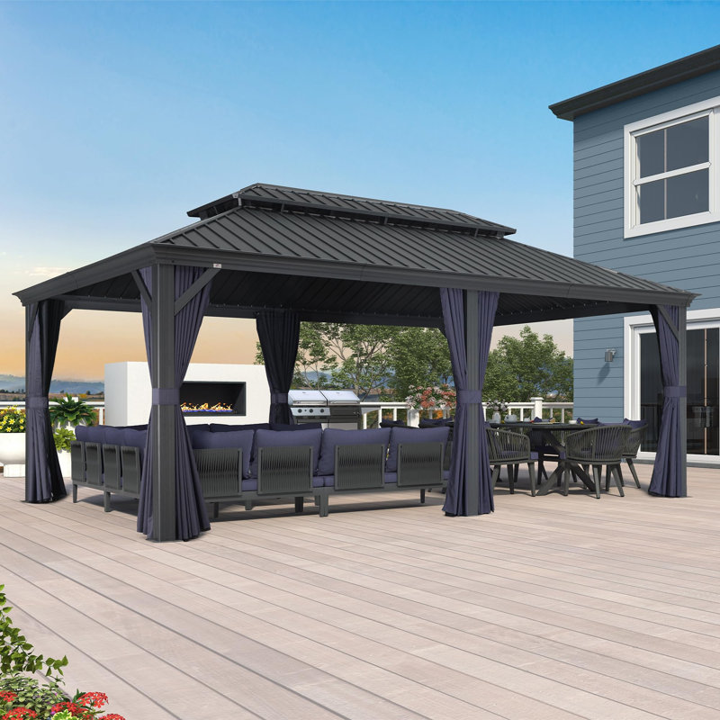 Purple Leaf Hardtop Gazebo Aluminum Gazebo With Double Roof For Backyard Patio Lawn And Garden, Curtains And Netting Included