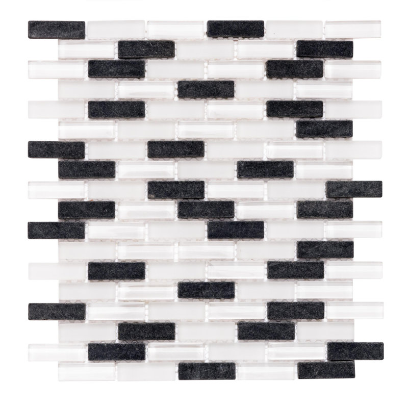 Victory Brick 1" x 2" Glass Mosaic Wall Tile, Black/White