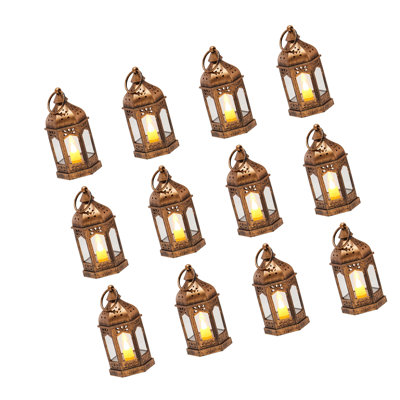 12 pièces lanterne de bougie décorative, bougie électrique sans flamme à DEL, support à DEL en plastique avec verre, lanternes de porche intérieures suspendues pour table de mariage, décor de maison de campagne, bronze