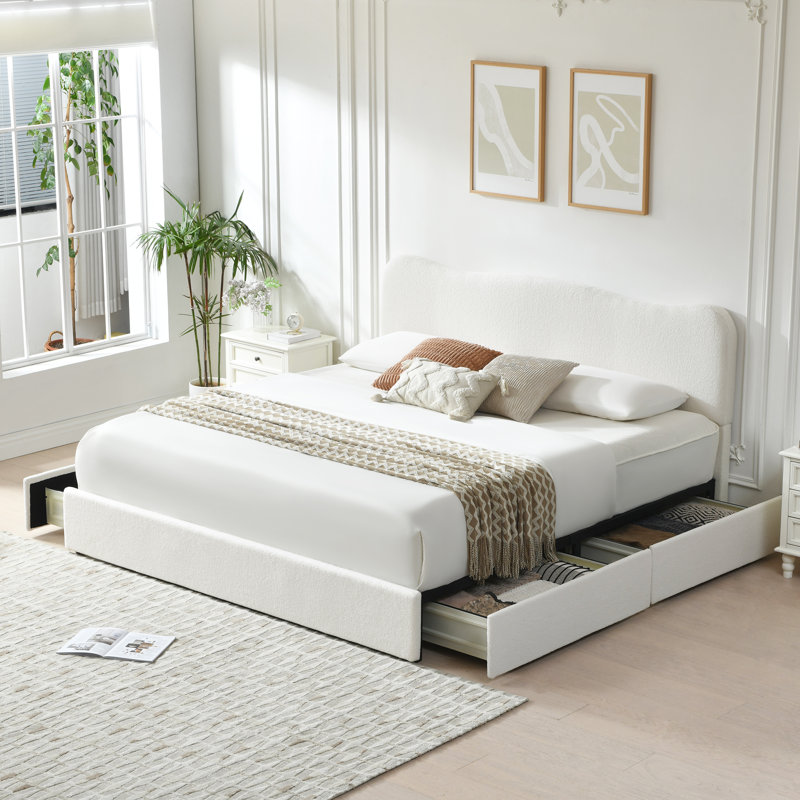 Lit plateforme avec rangement à 4 tiroirs Arusha Boucle, Blanc, Très grand