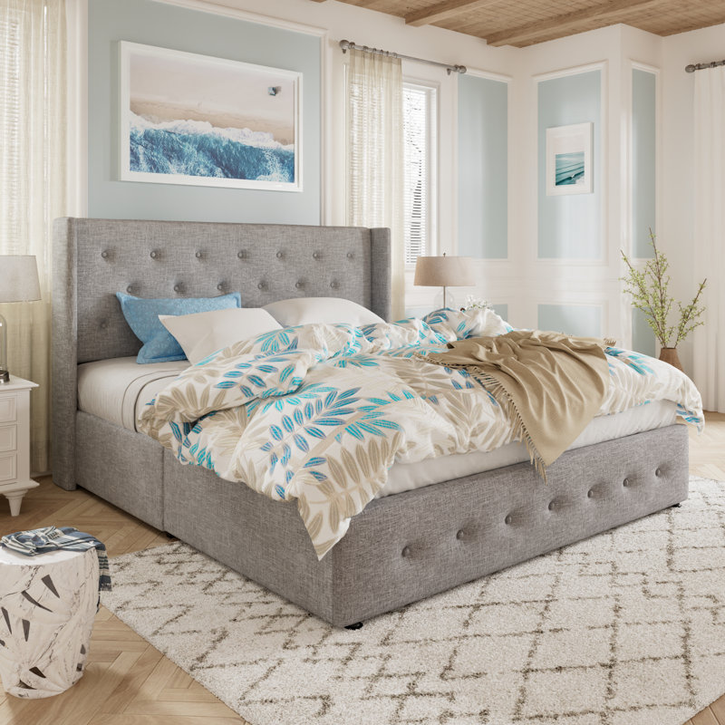 Lit plateforme tapissier avec rangement Bertile, Grand, Beige