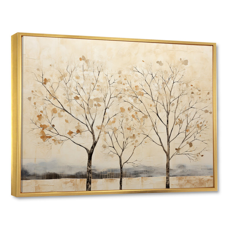 Harmonisation d'arbres beige V sur toile, Cadre flottant doré, H 12 po x l 20 po x P 1 po