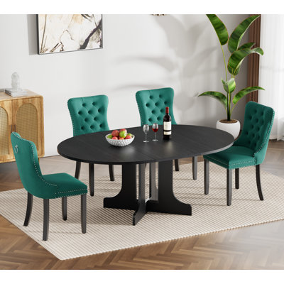 43.31" -59.06" Extendable Round Dining Table Set, Black Dining Room Table & Velvet Dining Chairs with Wood Leg, Rustic Kitchen Dining Table and Chairs Set, Modern Dining Table Set