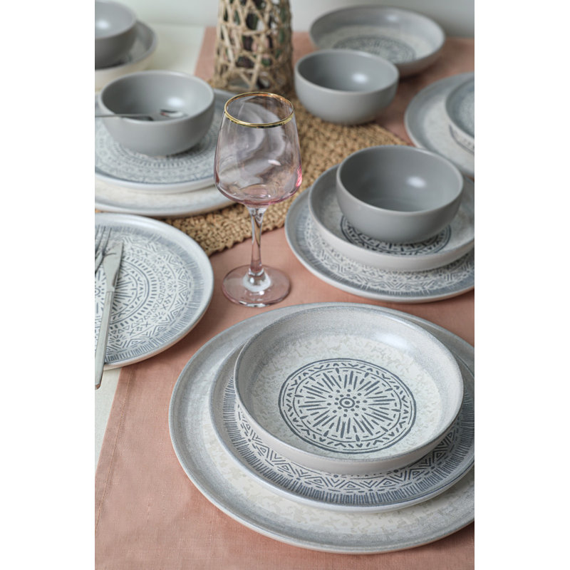 24-Piece Ceramic Dinner Set, Stone Color | 100% Antibacterial & Eco-Friendly Ceramic | Includes 6 Dinner Plates (11.0 in), 6 Service Plates (11.0 in), 6 Cake Plates (8.7 in), 6 Bowls (4.7 in) | Easy to Clean, Dishwasher Safe Up to 122°F