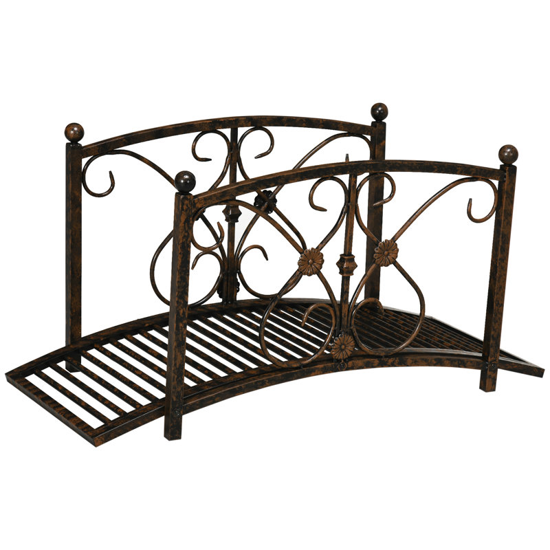 Pont de jardin arqué en métal de 3,3 pi avec glissières de sécurité, barrière décorative, volutes délicates pour ruisseau, étang à poissons, brun