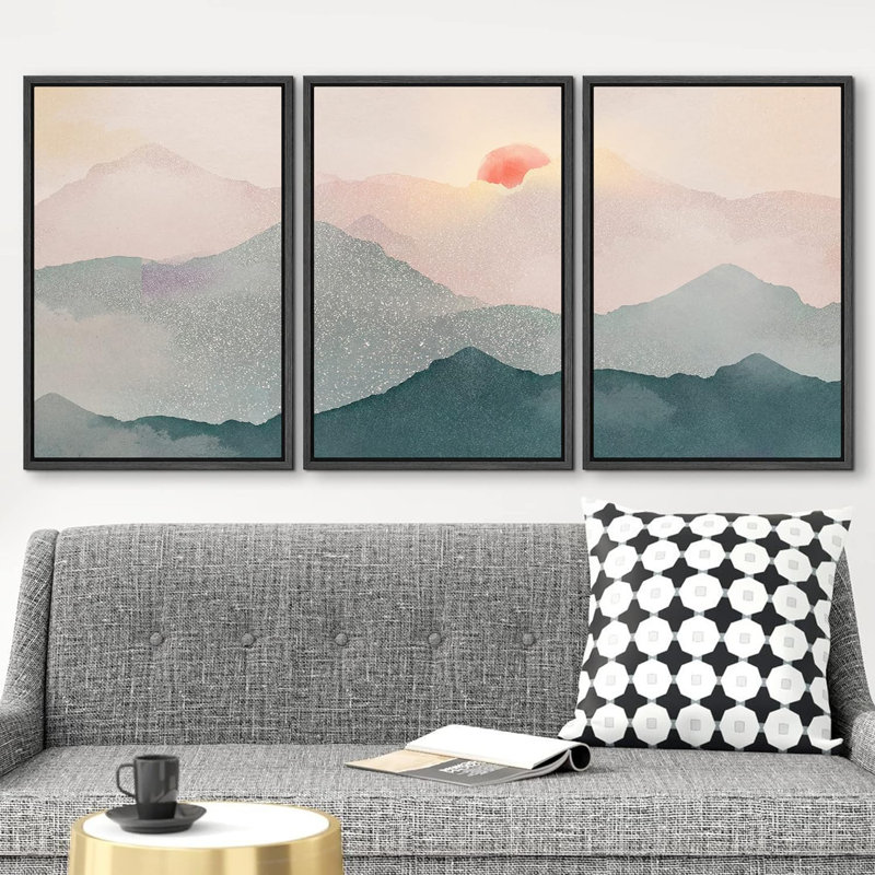 Abstrait paysage pastel bleu sarcelle matin rose montagne nature moderne Art déco paysage zen sur toile 3 pièces