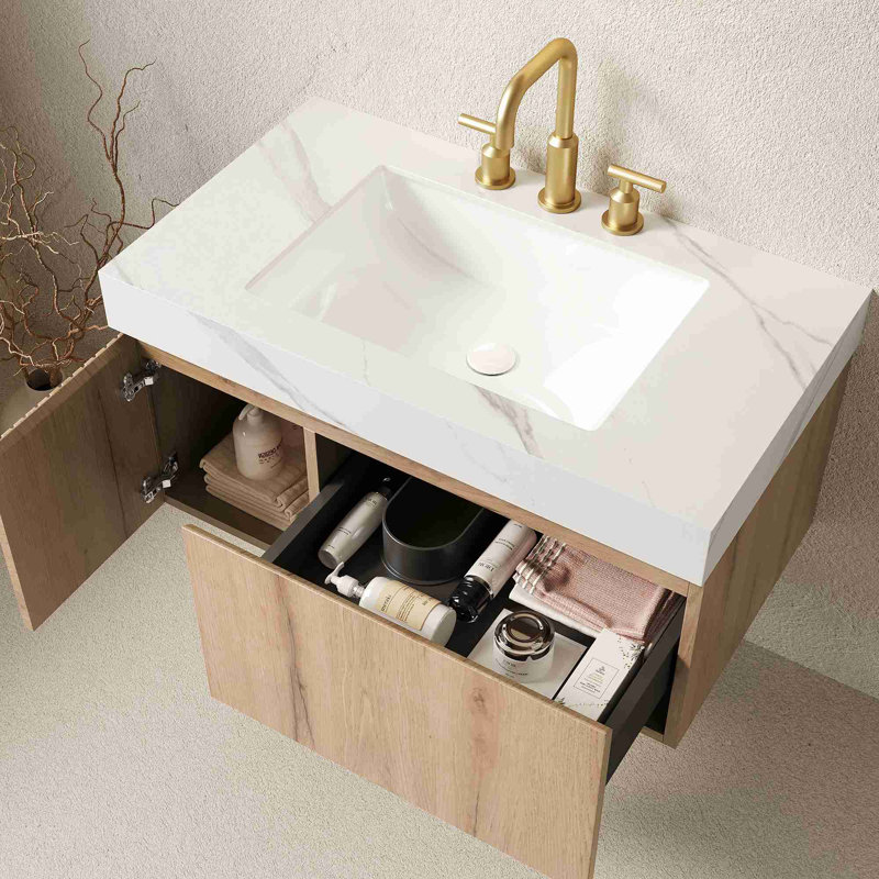 Meuble-lavabo mural, Chêne blanc, Blanc de Carrare, 36"