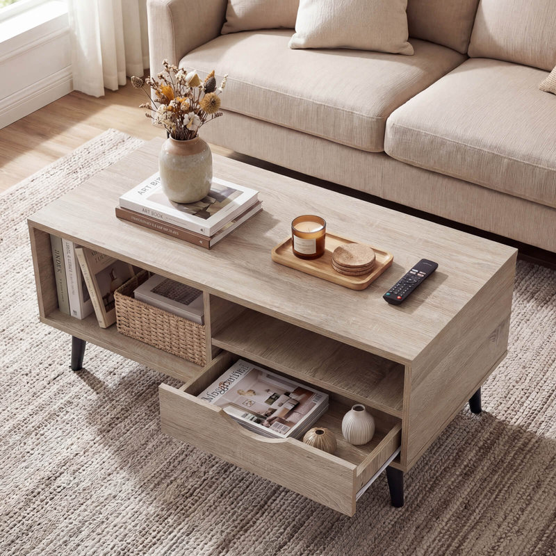 Table basse avec rangement, table de centre rectangulaire rustique avec tiroir et tablettes ouvertes Naturel, Naturel