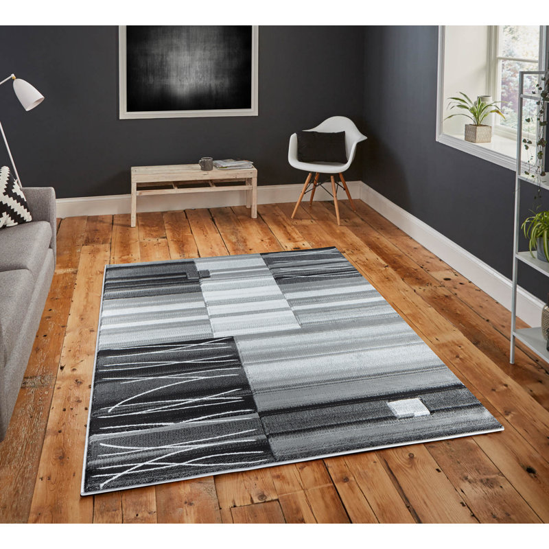 Tapis gris foncé / noir à motif abstrait Anjolie, Rectangle 9 pi 6 po x 13 pi 10 po