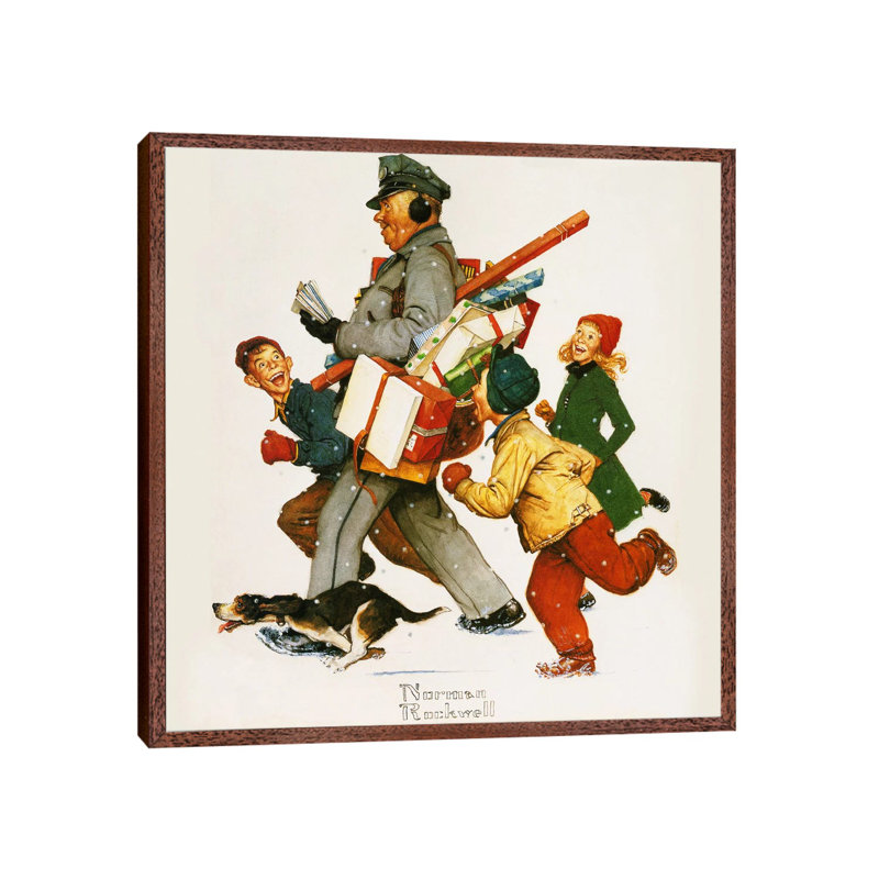 Jolly Postman by Norman Rockwell - Painting on Canvas, 45.72 cm H x 45.72 cm W, Classic Brown Wood Framed