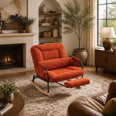 Fauteuil à bascule en velours côtelé pour chambre d'enfant avec repose-pieds escamotable, dossier réglable de 100° à 160°, fauteuil inclinable à bascule surdimensionné avec poche latérale et coussin lombaire, cadre en métal pour salon ou chambre à coucher, orange.