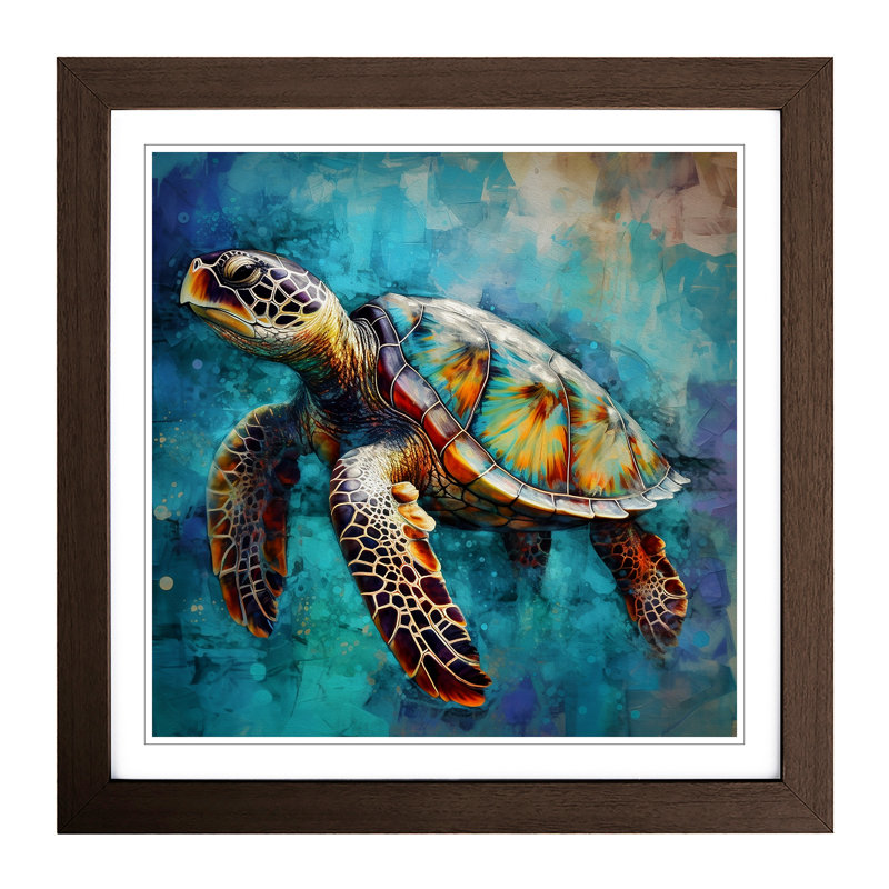 Sea Turtle Abstract No.1 - Single Picture Frame Print on Wood, Walnut