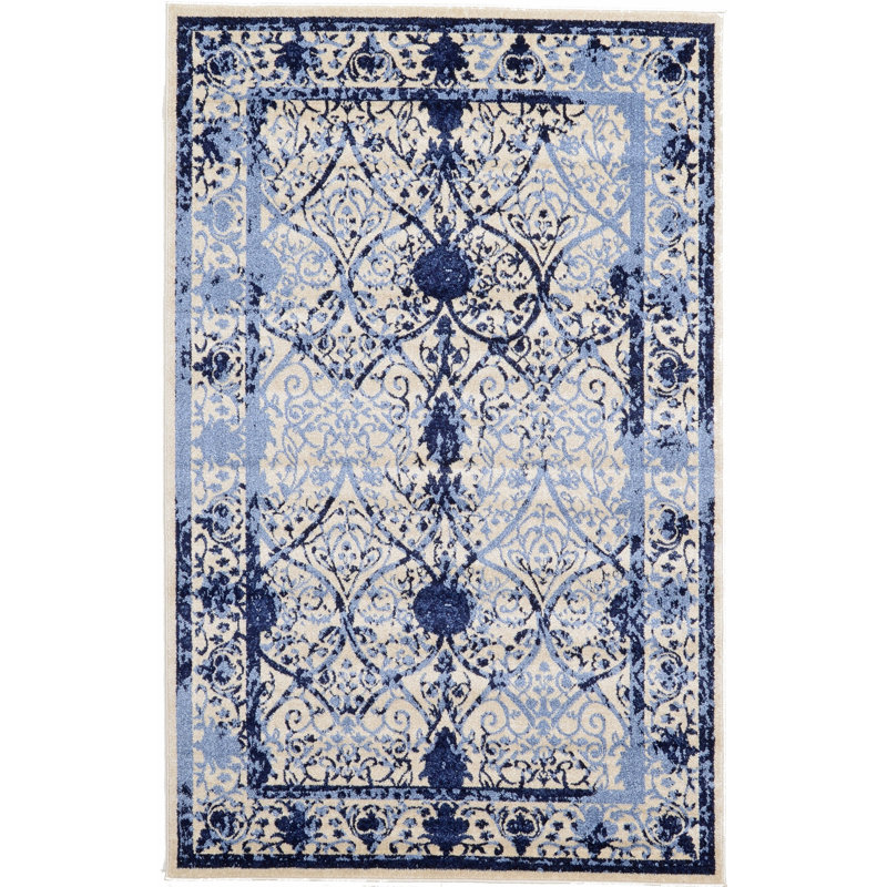 Tapis oriental bleu denim / bleu égéen Ade, Rectangle 5 pi 1 po x 8 pi