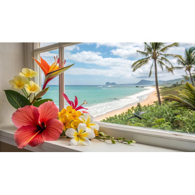 Hibiscus rivage à travers une fenêtre ouverte