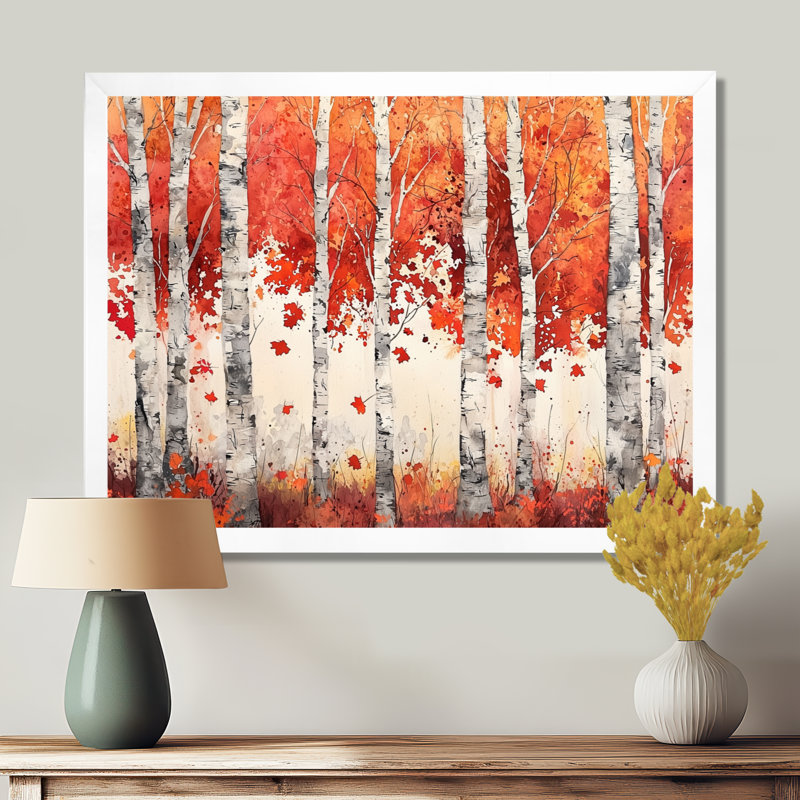 Automne, bouleaux, horizon, paysage d'automne, art mural, salon, H 12 po x l 20 po, Picture Framed Print, Blanc